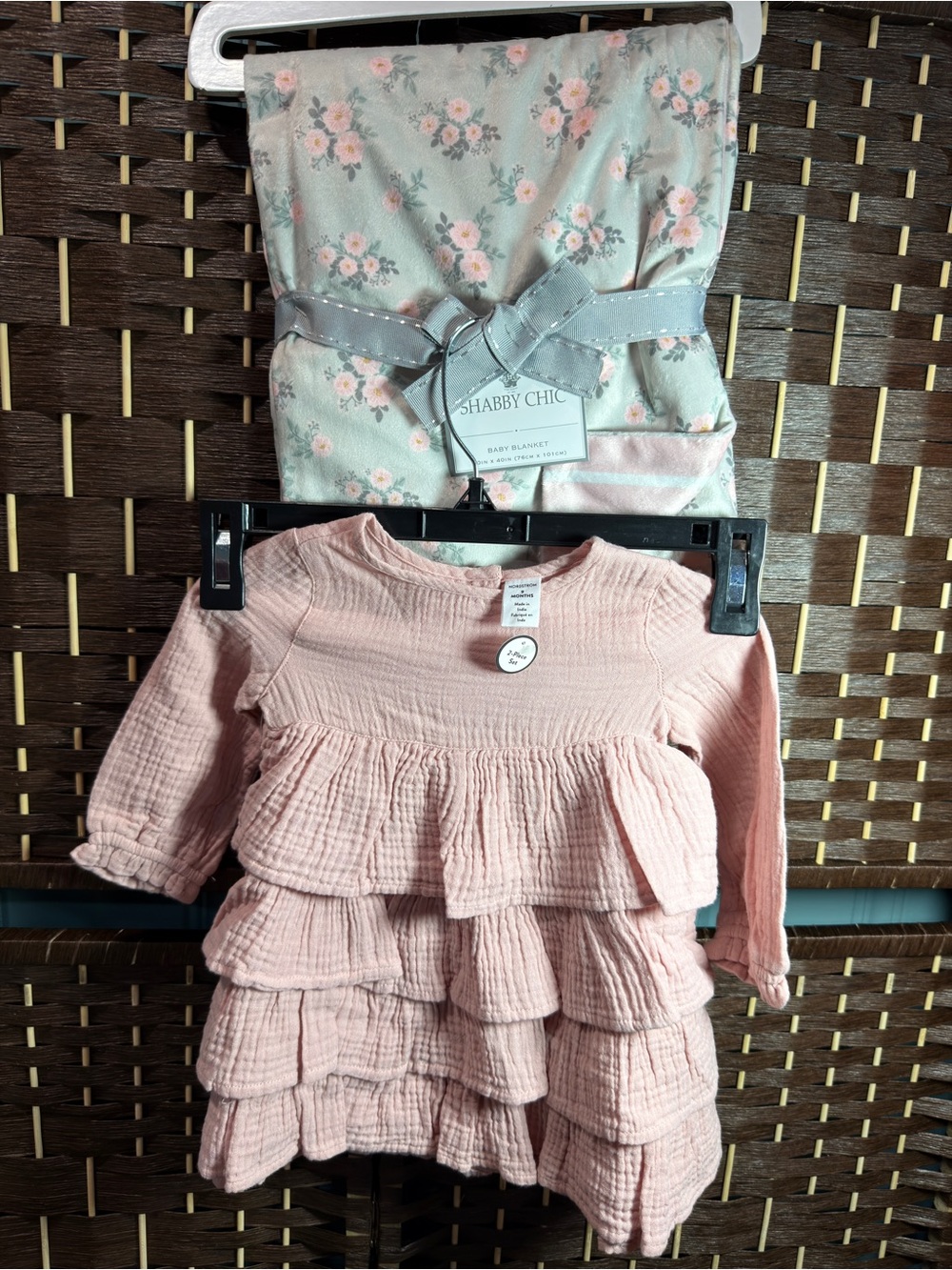 Nordstrom 2 piece Muslin Ruffle Dress and Shabby Chic Baby Blanket
